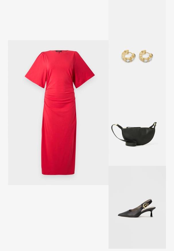 Vestido midi vermelho com mangas curtas largas, decote redondo e detalhe franzido na cintura, apresentando uma textura suave e elástica.; Sapato de salto alto slingback preto com bico apontado, textura de couro suave e detalhe de fivela em tom dourado na fita.; Bolsa transversal de couro preto com formato de meia-lua, superfície texturizada, fecho dourado e alça plana. Design compacto adequado para itens essenciais.; Brincos de argola dourados com um design texturizado e três cristais transparentes em um lado, oferecendo uma estética geométrica moderna.