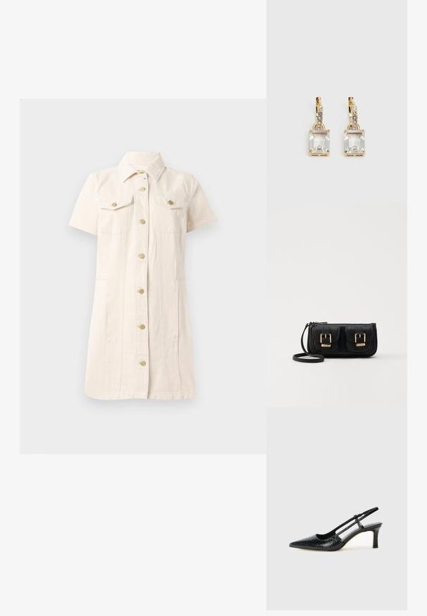 Kortærmet, lys beige kjole i denim, med knaplukning foran, to brystlommer og guldfarvede hardware-detaljer.; Sorte patent slingback hæl med spids tå, prydet med tekstureret slangeskindsmønster, justerbar rem og en kort, tekstureret blokhæl.; Sort læder crossbody taske med to frontlommer, guldspænder, lynlåslukning og en slank rem. Struktureret overflade og kompakt rektangulær form.; Guldtonede øreringe med et rektangulært, klart krystal, der hænger under en række af små, runde klare accenter. Elegant, moderne design.