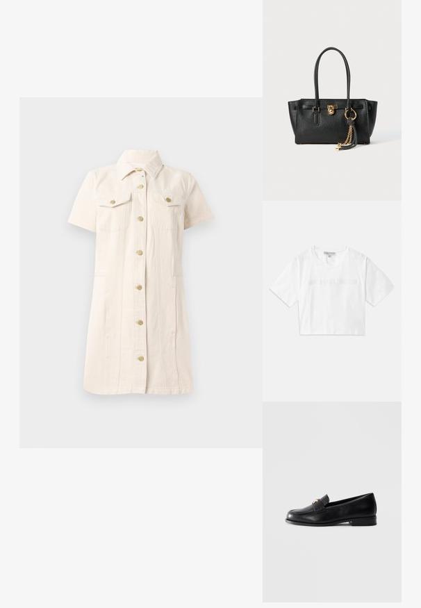 Robe en denim à manches courtes de couleur beige clair, avec une fermeture à boutons sur le devant, deux poches poitrine et des accents en métal doré.; T-shirt blanc court en coton, avec des manches courtes et le logo "MICHAEL KORS" brodé ton sur ton à l'avant.; Mocassin en cuir noir avec un petit talon et un emblème décoratif en or sur la sangle, présenté sur un fond gris clair uni.; Sac à main en cuir noir avec double anses, serrure dorée et détails en chaîne, et accessoire à pompon noir et blanc sur fond blanc.