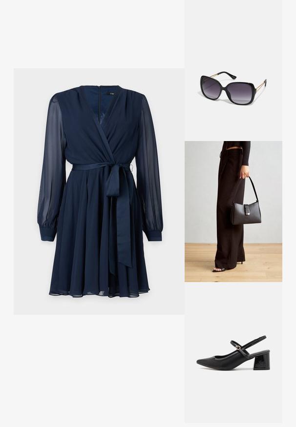 Granatowa sukienka typu wrap z długimi przezroczystymi rękawami, paskiem w talii i zwiewnym dołem, uszyta z lekkiego materiału. Zamek z tyłu.; Czarne lakierowane czółenka na słupku ze spiczastym noskiem, lekko zaokrąglonym wycięciem i obcasem w kształcie bloku. Posiadają złotą klamrę jako akcent dekoracyjny.; Czarne oversize okulary przeciwsłoneczne z gradientowymi soczewkami, grubymi oprawkami i złotym łańcuszkiem na ramionach.; Czarna torebka o usztywnionym kształcie, gładkiej fakturze i metalowym zapięciem. Połączona z szerokimi czarnymi spodniami i sandałami na otwartym palcu na drewnianej podłodze.