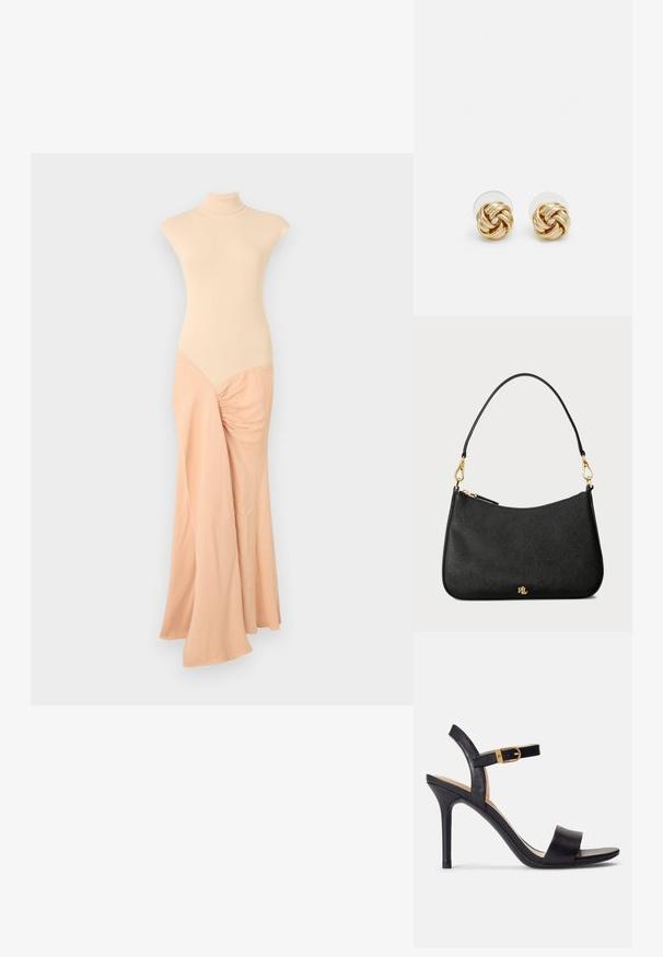 Rochie tricotată bej cu un guler înalt. Corsetul ajustat trece în țesătura fluidă cu un detaliu pliat pe o parte. Textură netedă pe întreaga suprafață.; Sandale înalte negre, cu toc, cu un superior din piele netedă, vârf deschis și un design cu un singur bretele, accentuat cu o cataramă aurie.; Geantă de mână din piele neagră cu un design structurat, având închidere cu fermoar, curea detașabilă și accente din metal auriu.; Cercei cu tija aurie, cu un design răsucit. Fiecare cercel are un fundal circular transparent pentru o purtare sigură.