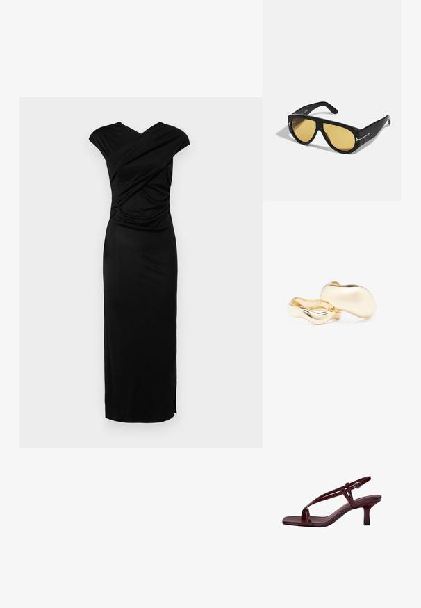 Czarna sukienka-jersey z przekątnym dekoltem, krótkimi rękawami, dopasowanym fasonem oraz bocznym rozcięciem ułatwiającym ruch.; Burgundowe sandały na wysokim obcasie z kwadratowym noskiem, smukłymi paskami i zapięciem na kostce. Gładka skórzana faktura i smukły, blokowy obcas.; Czarne okulary przeciwsłoneczne z geometrycznym wzorem, żółtymi soczewkami i złotymi akcentami na zausznikach. Gładka tekstura, szeroki kształt, nowoczesny design.; Złote kolczyki o organicznym, fasolowym kształcie i gładkiej, refleksyjnej powierzchni; cechują się minimalistycznym designem bez widocznych elementów mocujących.
