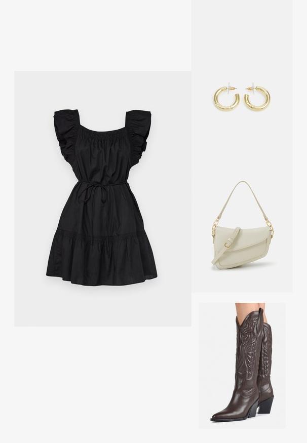 Crna haljina s volanima na rukavima, smućenom tijelom i pojasom na vezanje. Ima stepenasti kroj suknje i mekanu pamučnu teksturu.; Smeđe kožne kauboj čizme s šiljastim vrhom i blok-potpeticom, s detaljno izvezenim šavovima i uzdignutim naglascima na okovu.; Mala krem torbica s teksturiranim finišom, dugačkim podesivim remenom, lančanim detaljem i preklopom. Zlaćani hardver.; Zlatne kružne naušnice s glatkom, sjajnom završnom obradom. Kružni dizajn s malom potporom i prozirnom podlogom za sigurno nošenje.