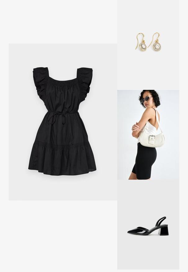 Černé šaty s volánkovými rukávy, nařaseným živůtkem a stahovacími šňůrkami v pase. Obsahují vrstvenou sukni a měkkou bavlněnou texturu.; Černé lakované kožené lodičky na pásku s špičatou špičkou a geometrickým blokovým podpatkem. Vyznačují se elegantním, minimalistickým designem a hladkým povrchem.; Bílá kožená kabelka s křivkovým tvarem, nastavitelným popruhem a malým detailem přezky. Model nosí těsné černé oblečení.; Náušnice ve zlatém tónu s oválnými průhlednými krystaly obklopenými menšími průhlednými kameny, se zapínáním na háček pro bezpečné nošení.