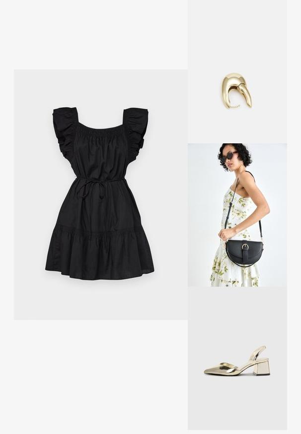 Melnas kleitas ar frillēm pie piedurknēm, smockotu krūšu daļu un pievilkamu jostu. Izceļas ar pakāpienu svārkiem un maigu kokvilnas tekstūru.; Zeltaini, metāla kurpes ar siksniņām, norakans purngalis un masīla papēdis. Gluda tekstūra, minimālisma dizains un šaura siksna.; Melnas ādas rokassoma ar izliekta formu, noņemamu siksnu un zelta aksesuāriem. Somai ir vāciņš ar sprādzes detaļu.; Zeltīti metāla auskari ar gludu, izliekta dizaina. Ar atšķirīgu smailu formu, pulētu virsmu un eņģu aizdari.