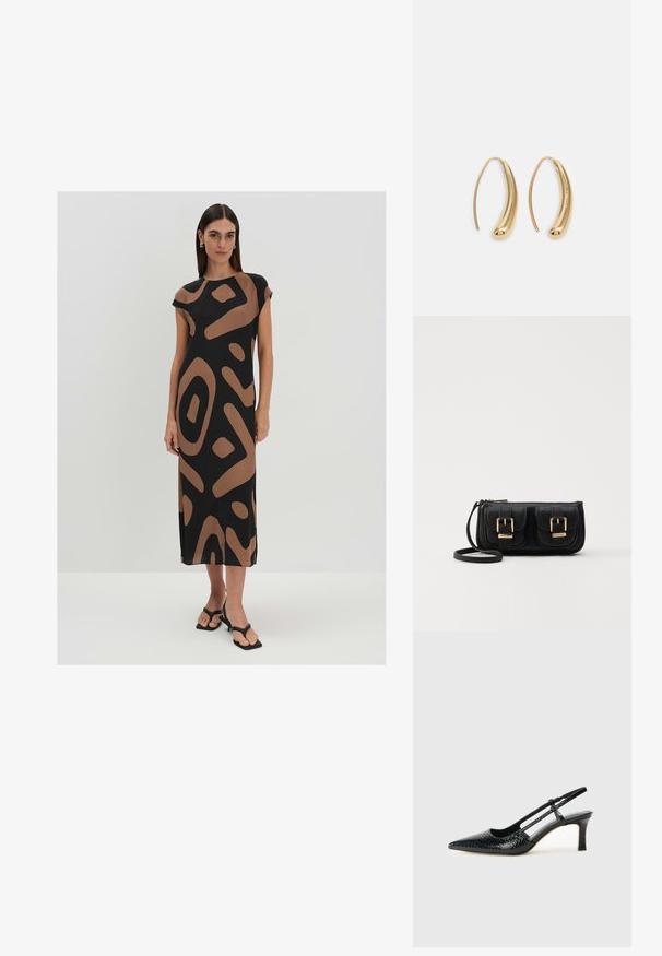 Schwarzes Kleid mit braunem abstraktem Muster, kurzen Ärmeln und gerader Silhouette, aus einem glatten Stoff, bis zur Mitte der Waden reichend.; Schwarze Lack-Slingback-Pumps mit spitzem Zehenbereich, versehen mit strukturiertem Schlangenprint, verstellbarem Riemen und einem kurzen, strukturierten Blockabsatz.; Schwarze Leder-Umhängetasche mit zwei vorderen Taschen, goldenen Schnallen, Reißverschluss und einem schmalen Tragegurt. Texturierte Oberfläche und kompakte rechteckige Form.; Goldfarbene Metall-Hoops mit einer geschwungenen, länglichen Form. Sie verfügen über eine glatte, glänzende Oberfläche und eine abgerundete Spitze für zusätzliche Details.
