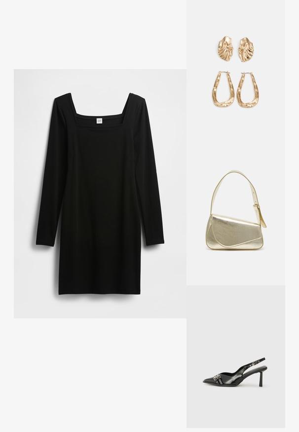 Svart langermet kjole med firkantet halsutringning, laget av et glatt og elastisk stoff. Enkel, tettsittende design uten ekstra mønstre eller detaljer.; Sorte patentlær slingback-sko med spiss tå, ankelremmer med sølvspenner og detaljer, og en slank hæl.; Gullfarget metallisk håndveske med en strukturert design, glatt tekstur og justerbar stropp. Har en unik trekantet form og minimalistisk søm.; Gullfargede øredobber med teksturerte, bølgete former. Inkluderer skulpturelle klipsstuds og åpen hoop-design med en hamret finish.