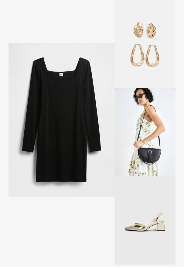 Svart langermet kjole med firkantet halsutringning, laget av et glatt og elastisk stoff. Enkel, tettsittende design uten ekstra mønstre eller detaljer.; Gull, metallisk slingback-hæler med spiss tå og chunky hæl. Glatt tekstur, minimalistisk design og en smal stropp.; Svart lærveske med en buet form, avtagbar stropp og gullbeslag. Vesken har et klaff med spenne-detall.; Gullfargede øredobber med teksturerte, bølgete former. Inkluderer skulpturelle klipsstuds og åpen hoop-design med en hamret finish.