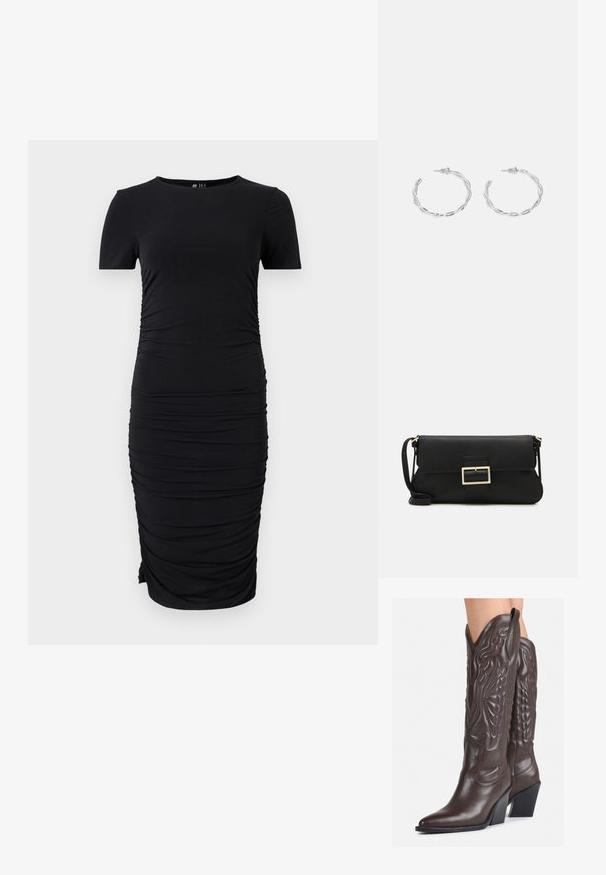 Rochie scurtă, cu mâneci scurte, de culoare neagră, dintr-un material elastic, având plissare pe lateral și un decolteu rotund, cu o siluetă potrivită.; Bocanci de cowboy din piele maro, cu vârf ascuțit și toc pătrat, având cusături detaliate și accente ridicate pe tijă.; Geantă de mână din piele neagră, cu clapetă și un detaliu din metal auriu. Include o curea neagră și un design elegant, minimalist.; Cercei din argint cu un design torsadat, având un finisaj lucios și închidere cu tijă. Au un diametru de aproximativ 3 cm.