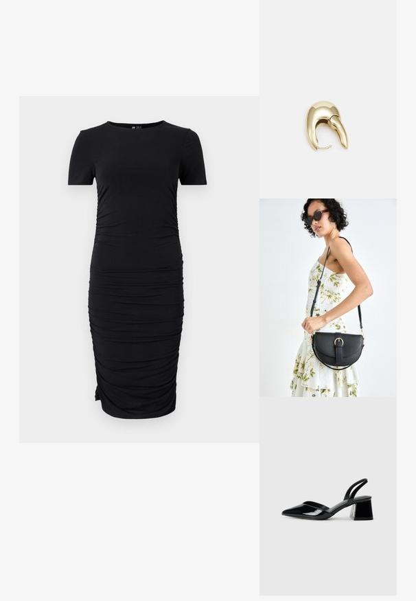 Svart kortermet kjole laget av elastisk stoff, med siderykking og rund hals, i en tettsittende silhuett.; Svarte patentlær slingback hæler med spiss tå og geometrisk blokk hæl. Har et stilrent, minimalistisk design og jevn tekstur.; Svart lærveske med en buet form, avtagbar stropp og gullbeslag. Vesken har et klaff med spenne-detall.; Gullfarget metalløredobber med et elegant, buet design. Har en karakteristisk spiss form, polert overflate og hengsel-lukking.