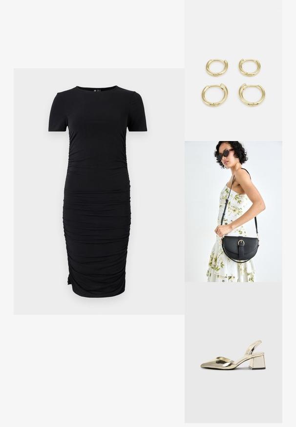 Čierne šaty s krátkymi rukávmi vyrobené z elastického materiálu, s bočnými zúženiami a okrúhlym výstrihom, s priliehavým strihom.; Zlaté kovové lodičky na podpätku so špicatou špičkou a robustným podpätkom. Hladký povrch, minimalistický dizajn a úzka remienok.; Čierna kožená kabelka s zaobleným tvarom, odnímateľným popruhom a zlatými doplnkami. Kabelka má klopu s detailom s prackou.; Zlaté kruhové náušnice, štyri kusy, hladký povrch, zaoblený dizajn, rôzne veľkosti, s pántovým uzáverom pre jednoduché nosenie.