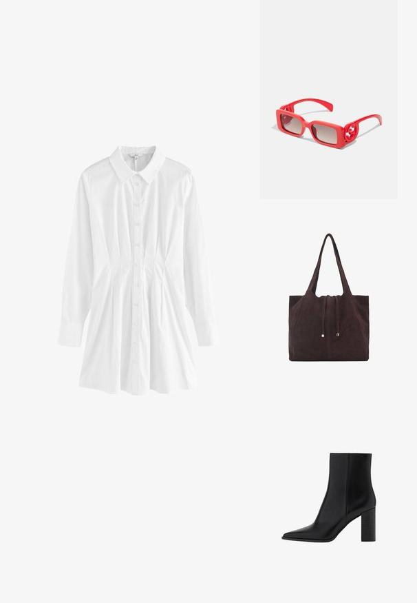 Bijela košulja s gumbima, s ovratnikom, dugim rukavima i naboranim detaljima sa strane. Izrađena od lagane tkanine s glatkom teksturom.; Crne kožne čizme do gležnja s izduženim nožnim prstom, kvadratnim potplatom, glatkom teksturom i detaljima šavova duž šavova. Potpetice su visoke približno 8,9 centimetara.; Crvene plastične sunčane naočale sa četvrtastim okvirom, sunčanim staklima sa gradijentnim efektom i okruglim logotipom na sljepoočnicama. Glatka tekstura s sjajnim završetkom.; Mango Velika torba - dark brown