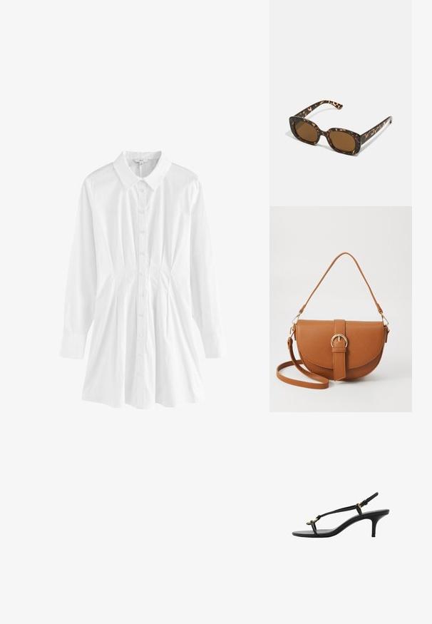 Weißes Hemd mit Knopfleiste und Kragen, langen Ärmeln und gefältelten Details an den Seiten. Hergestellt aus leichtem Stoff mit glatter Textur.; Schwarze Leder-Kitten-Heel-Sandale mit dünnen Riemen, goldener Schnalle und minimalistischer Zehen-Schlaufe vor einem weißen Hintergrund.; Schildpatt-Sonnenbrille mit einem runden, klobigen Rahmen und braunen Gläsern. Verfügt über dezente Muster und gerade, zulaufende Bügel.; Braune Leder-Crossbody-Tasche mit geschwungener Form, goldfarbenen Beschlägen und einer Schnallenakzentuierung. Verfügt über einen abnehmbaren Schultergurt.
