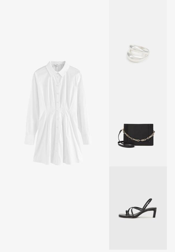 Vit knytblus med krage, lång ärm och veckad detalj på sidorna. Tillverkad av lätt tyg med en slät yta.; Svart sandaler med remmar och fyrkantig tå samt låg blockklack. Har flera tunna remmar och en justerbar ankelrem. Tillverkad av mjukt läder.; Svart läder crossbody-väska med en slät yta, rektangulär form och metallickedjedetalj på framsidan. Justerbar rem ingår.; Silver ring med dubbel band och en slät, polerad yta. Har en flödande, böjd design med överlappande sektioner för en modern stil.