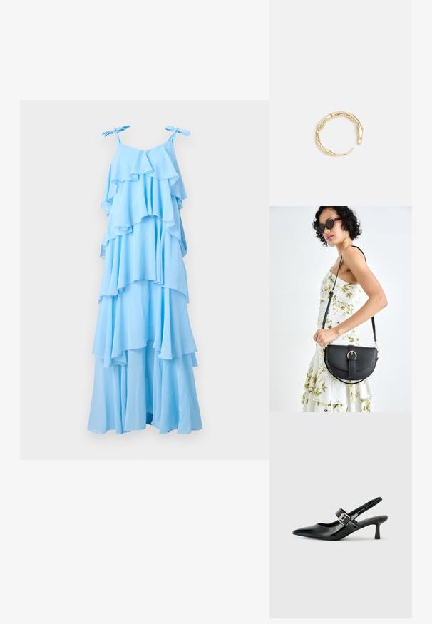 Maksikaja svetlo modra obleka z večplastnimi volančki, prilagodljivimi zavezujočimi trakovi in tokom silhuete. Narejena iz lahkega blaga z mehkimi teksturami.; Črne patent usnjene slingback pete s koničastim nosom in majhnim blok peto, ki vključujejo srebrno zaponko na traku.; Črna usnjena torbica s ukrivljeno obliko, z odstranljivo naramnico in zlatimi dodatki. Torbica ima pokrov s podrobnostmi v obliki zaponke.; Zlati prstan s organskim, zvitim dizajnom, gladko površino in taperiranimi konci, ki ustvarja modernega, skulpturalnega videza.