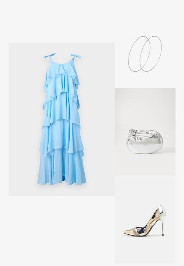 Mėlynai dangaus spalvos maxi suknelė su sluoksniuotais volanais, reguliuojamomis ryšio juostelėmis ir laisvu siluetu. Pagaminta iš lengvos, minkštos tekstūros medžiagos.; Aštrus pirštas aukštakulnis batelis su sidabro, aukso ir nuogų spalvų deriniu. Blizgus paviršius su išpjovos dizainu, su stiletto kulnu.; Sidabrinė metalinė maišelio forma su švelnia, apvalia forma ir mazgu užveriamu viršumi. Pagaminta iš lygios dirbtinės odos medžiagos.; Sidabrinės pusmėnulio auskarai minimalistiniu dizainu. Apskritimo forma, lygus paviršius ir plonas profilis. Lengvi su poliruotu apdailu.