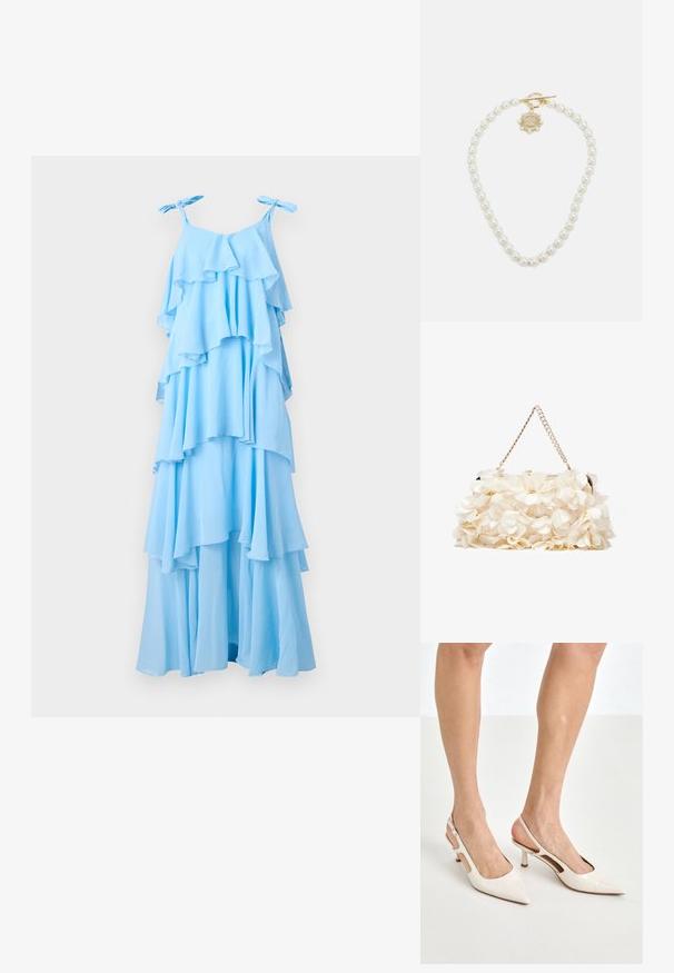 Himmelsblå maxi-kjole med lagdelte volanger, justerbare stropper og en flytende silhuett. Laget av lett materiale med en myk tekstur.; Beige patent lærstøvletter med spidse tå og 5 cm hæl, med udskårne sider og en tynd ankelrem.; Hvit blomsterhåndveske med en samlet stoffoverflate, gullfarget kjedehank og metallklips. Har teksturerte kronblader for ekstra detalj.; Lauren Ralph Lauren COLLAR - Smykke - gold-coloured/white