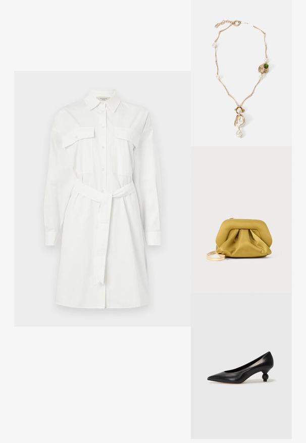 Balta kokvilnas kleita ar apkakli, divām krūšu kabatām, garām piedurknēm un jostu viduklī, lai pievilktu.; Melnas ādas augstpapēžu kurpes ar smailu purngalu un apaļu papēdi. Gluda tekstūra ar elegantu, minimālistisku dizainu.; Dzeltens, mīksta tekstūra rokassoma ar strukturētu augšdaļu, savilktu apakšu un platu, noņemamu siksniņu. Augšā ar rāvējslēdzēju.; Zelta tonis kaklarota ar savirpinātām saistēm, baltām pērlem un zaļa akmens akcentu. Izceļas ar sarežģītām detaļām un aizdari, lai nostiprinātu.