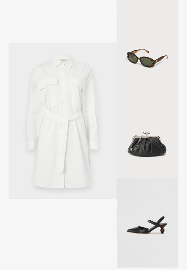 Fehér pamut ingruha, gallérral, két mellzsebbel, hosszú ujjakkal és derékban húzóövvel.; Fekete bőr szandálcipő hegyes orral, íves kialakítással és kerek, fára hasonlító sarokkal. Keskeny bokapánttal rendelkezik.; Tortoid mintás napszemüveg, zöld lencsékkel, ovális formában, arany logó kiegészítővel az oldalon, sima fényes felülettel.; Fekete bőr táska ráncolt textúrával, ezüst színű fémszerkezettel, csattal záródó fedéllel és láncos pánttal. Simító, puha felület.