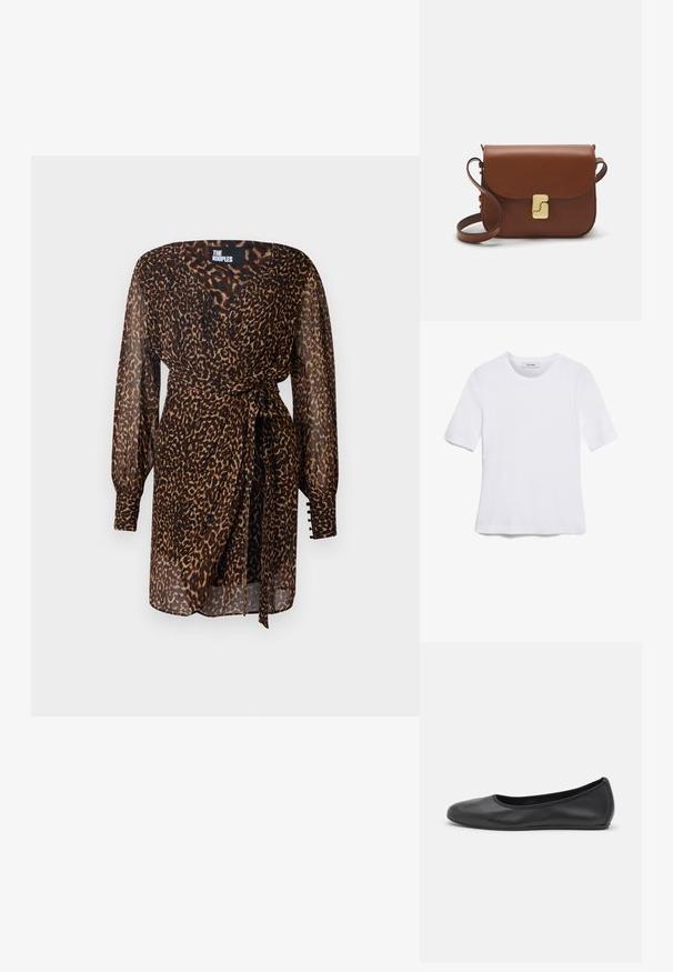 Šaty s leopardím vzorom z priehľadnej látky. Dlhé nariasené rukávy s gombíkovými detailmi. Zavinovací strih so šnúrkou v páse. Hnedo-čierna farebná schéma.; Biela krátka tričko s krátkymi rukávmi vyrobené z rebrovanej látky. Klasický okrúhly výstrih, bežný strih a jemné švy. Bez vzorov alebo grafiky.; Čierne kožené baleríny s okrúhlou špičkou, hladkým povrchom, minimálnym prešívaním a flexibilným dizajnom podrážky.; Hnedá kožená kabelka s klopou, zlatými kovovými prvkami, ramenným popruhom a hladkým povrchom. Kompaktný obdĺžnikový tvar.