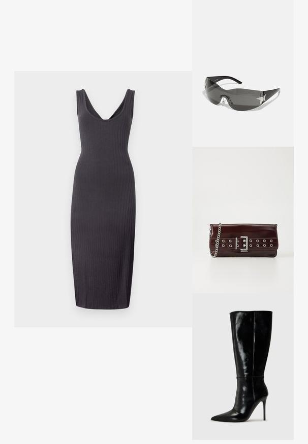 Vestido midi de canalé en gris oscuro con escote en V profundo, diseño sin mangas y silueta ajustada que llega hasta la mitad de la pantorrilla.; Botas de cuero negro hasta la rodilla con punta afilada y tacón alto de aguja. Textura suave y diseño elegante, con detalles mínimos.; Gafas de sol negras con diseño envolvente, lentes oscuros, acentos brillantes en forma de estrella y almohadillas nasales ajustables.; Clutch de piel sintética burdeos con una correa de cadena plateada, que presenta un diseño de hebilla y ojales metálicos en la parte frontal para dar un detalle adicional.; Conjunto de doce pendientes de aro en tonos plateados y dorados. Incluye diseños retorcidos, lisos y texturizados en varios tamaños y acabados.