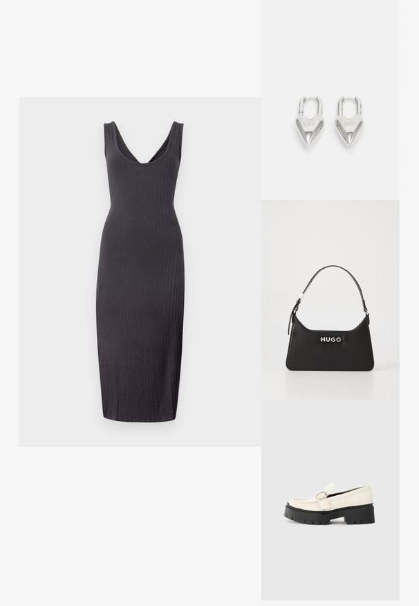 Dark gray ribbed midi dress with a deep V-neck, sleeveless design, and a fitted silhouette that extends to mid-calf length.; White leather loafer with a chunky black platform sole, featuring a rectangular silver buckle and visible stitching detail on the upper.; Black leather handbag with a curved design, silver hardware, and a prominent "HUGO" logo on the front. Smooth texture and structured shape.; Silver heart-shaped padlocks featuring engraved "YES" and "NO" texts, polished finish, symmetrical design, and a robust metal clasp.