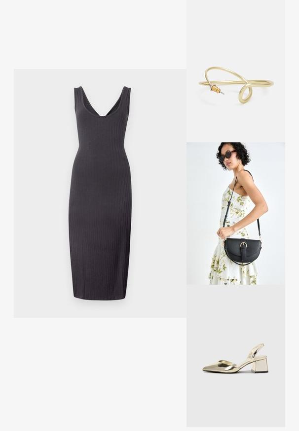 Tamsiai pilka raiboto midi suknelė su giliu V formos iškirpimu, be rankovių ir prigludusia siluetu, siekiančiu blauzdas.; Auksiniai, metaliniai slingback aukštakulniai bateliai su smailiu pirštu ir masyviu kulnu. Lygus paviršius, minimalizmo dizainas ir siaura juostelė.; Juodas odinis krepšys su išlenkta forma, nuimamu dirželiu ir auksiniais detalėmis. Krepšys turi kilpą su sagtimi.; Auksinės spalvos metalinė apyrankė su skysčiu, kreipiančiu dizainu. Viename gale yra mažas, išsiskiriantis, sidabrinės spalvos akcentas.