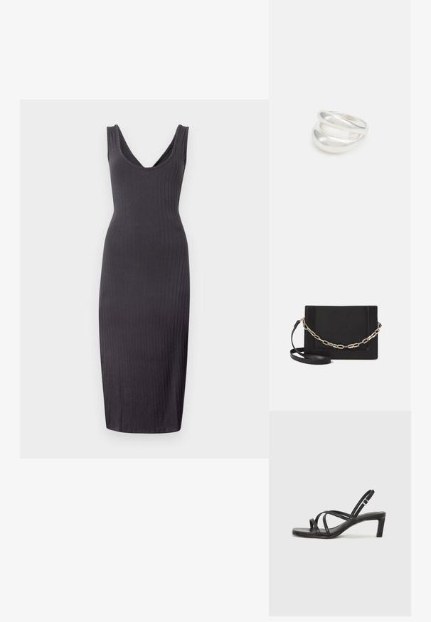 Tamno sivi rebrasti midi haljina s dubokim V-izrezom, bez rukava i prilagođenim siluetom koja se proteže do sredine potkoljenice.; Crne sandale s trakama, kvadratnim prstom i niskom blok petom. Ima više tankih trakica i podesivu trakicu oko gležnja. Izrađene su od glatke kože.; Crna kožna torba preko tijela s glatkom teksturom, pravokutnim oblikom i metalnim lancem na prednjoj strani. Uključena je podesiva naramenica.; Srebrna dvostruka prsten s glatkom, poliranom površinom. Karakterizira ga fluidan, zakrivljen dizajn s preklapajućim sekcijama za moderan izgled.