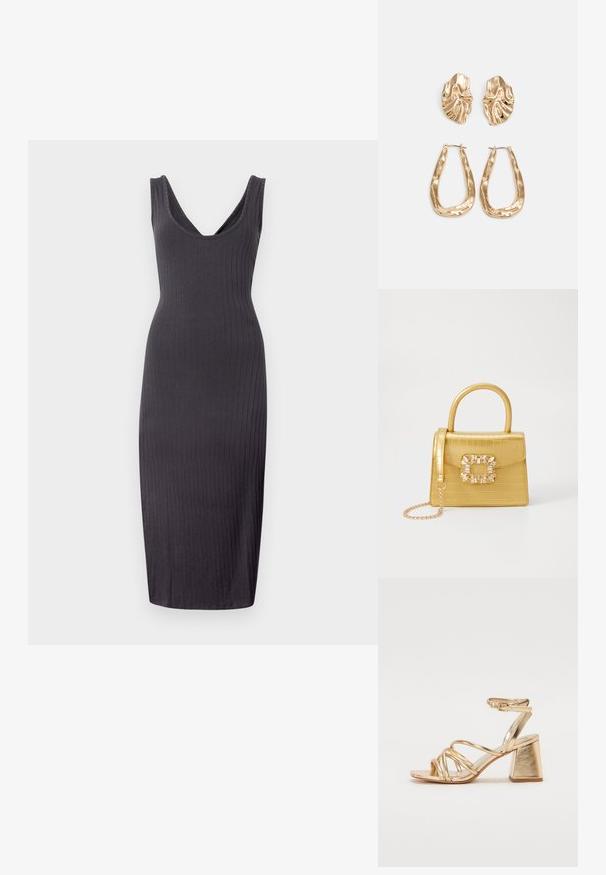 Donkergrijze geribbelde midi-jurk met een diepe V-hals, mouwloos ontwerp en een aansluitende pasvorm die tot halverwege de kuit reikt.; Gouden metallic gestileerde sandaaltjes met hoge hakken, voorzien van een straps ontwerp, vierkante blokhak en een verstelbare enkelband met een gesp. Gladde textuur.; Geel faux-krokodillenhandtas met een gestructureerd ontwerp, bovenhandvat, afneembare kettingriem en decoratieve kristallen versiering op de sluiting.; Gouden oorbellen met een getextureerd, golvend ontwerp. Bevat sculpturale clip-on studs en een open ringontwerp met een gehamerd oppervlak.