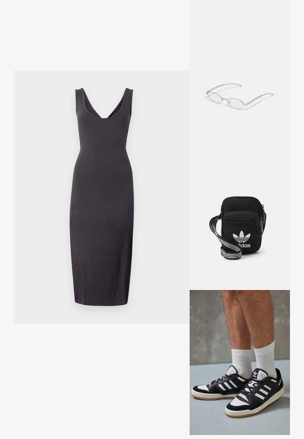 Dark gray ribbed midi dress with a deep V-neck, sleeveless design, and a fitted silhouette that extends to mid-calf length.; Black and white sneakers with a suede and leather upper, featuring three white stripes, a perforated toe, and a gum rubber sole.; Oval glasses with a metallic silver frame, clear lenses, and textured beaded temple accents. Lightweight design with curved arms.; Black fabric crossbody bag with a zipper closure, featuring a white Adidas logo and a striped adjustable strap for easy carrying.