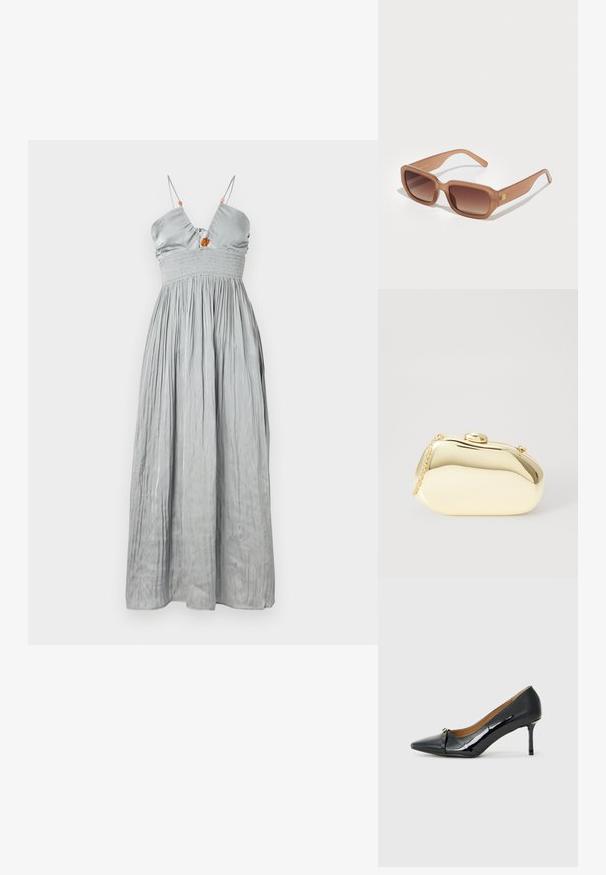 Mouwloze grijze satijnen jurk met een aansluitende bodice en een smocktail. Kenmerkt zich door dunne bandjes en een geplooide rok met een decoratief centrumdetail.; Zwarte gepatenteerde leren hoge hak met een spits toelopende neus, decoratieve banddetail aan de voorkant en een dunne stilettohak.; Bruine rechthoekige zonnebril met gradient lenzen, dikke monturen en een logo-detail aan de zijkant. Soepel plastic materiaal, minimalistisch ontwerp.; Metalen gouden clutch met een gladde, ronde vorm, voorzien van een bovenste knoopsluiting en een kleine kettingband om mee te dragen.