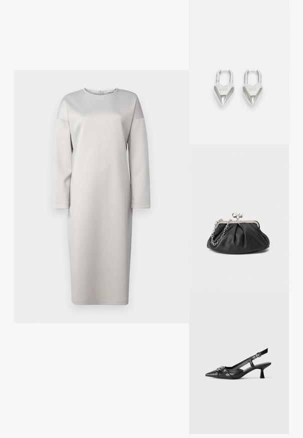 Max Mara Leisure BRAIDA - Koktel haljina / svečana haljina - grigio perla; Crne kožne cipele s remenom oko pete, s izduženim vrhom, dekorativnim trakama s metalnim rupama i niskom blok petom. Teksturirana površina.; Crna kožna torbica s naboranom teksturom, okvirom od srebrnog metala, zatvaranjem na preklop s poljupcem i lancem za nošenje. Glatka, meka površina.; Srebrni padlockovi u obliku srca s ugraviranim tekstovima "DA" i "NE", s poliranim završnim obradama, simetričnim dizajnom i robusnim metalnim kopčanjem.