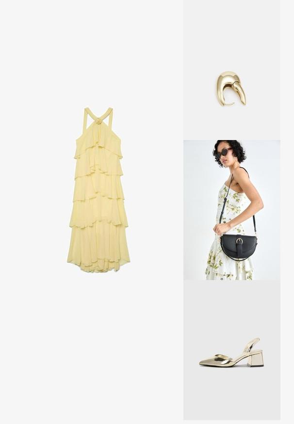 Geltona sluoksniuota suknelė su raukšlėmis, plonais petnešomis ir mazgo akcentu nugarinėje dalyje. Pagaminta iš lengvos, plazdančios medžiagos.; Auksiniai, metaliniai slingback aukštakulniai bateliai su smailiu pirštu ir masyviu kulnu. Lygus paviršius, minimalizmo dizainas ir siaura juostelė.; Juodas odinis krepšys su išlenkta forma, nuimamu dirželiu ir auksiniais detalėmis. Krepšys turi kilpą su sagtimi.; Aukso tono metalinės auskarai su stilingu, kreiviu dizainu. Išsiskiria ryškiu smailiu pavidalu, poliruota paviršiumi ir užsegimu su vyriu.