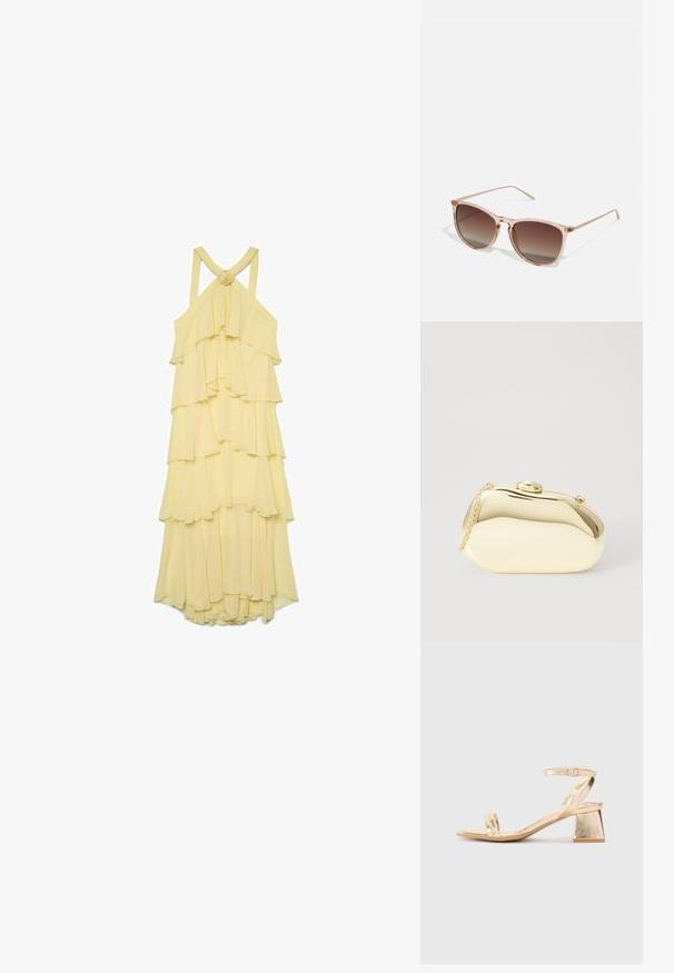 Geltona sluoksniuota suknelė su raukšlėmis, plonais petnešomis ir mazgo akcentu nugarinėje dalyje. Pagaminta iš lengvos, plazdančios medžiagos.; Aukso metalinis kulnas sandalai su kampiniu bloku, dviem dirželiais virš pėdos ir reguliuojamu kulkšnies dirželiu. Lygus paviršius.; Rudi gradientiniai saulės akiniai su permatomu rožiniu rėmeliu, kvadratinės formos ir plonomis metalinėmis šakėmis. Yra su apvalintais kraštais ir minimaliais dekoratyviniais elementais.; Metalinis auksinis rankinukas su glotnia, suapvalinta forma, turintis viršutinį mygtuko užsegimą ir mažą grandinėlės dirželį nešiojimui.