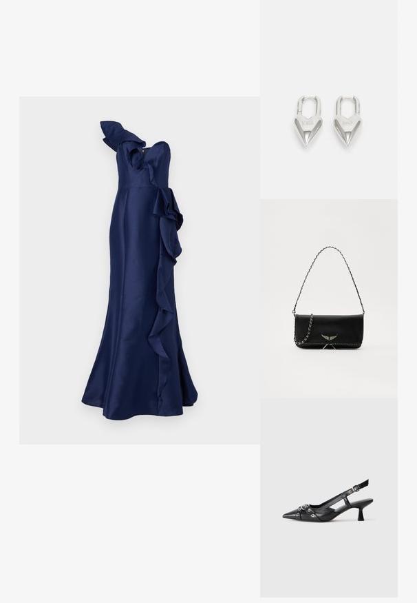 Marchesa Notte Pidulikud riided - navy; Must must have must toote tõmblukuga, dekoratiivsed rihmad metallist silmadega ja madal blokk-kand. Tekstureeritud pind.; Mustvalge nahk käekott hõbedase ahelsanga ja dekoratiivsete tiivaaktsentidega, samuti valgete õmblustega alumises ühenduses.; Hõbedased südamekujulised lukuvidinad, millel on kohandatud "JAA" ja "EI" tekst, poleeritud viimistlus, sümmeetriline disain ja tugev metallist klamber.