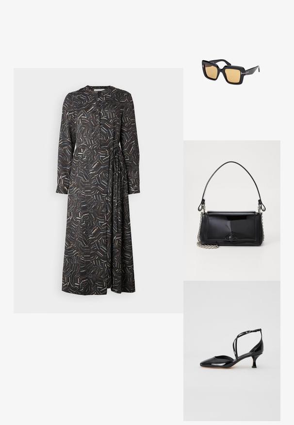 Czarna sukienka z długim rękawem, w wielokolorowy abstrakcyjny wzór, z guzikami z przodu i detalem z boku w postaci węzła. Wykonana z gładkiego, lekkiego materiału.; Czarne lakierowane szpilki z ostrym noskiem, niskim blokowym obcasem i krzyżującymi się paskami na kostce. Gładka faktura i minimalistyczny design.; Czarne, duże okulary przeciwsłoneczne z kwadratowymi oprawkami, brązowymi szkiełkami, minimalnymi metalowymi akcentami i nieco grubszymi zausznikami.; Czarna torebka z lakierowanej skóry o prostokątnym kształcie, z łańcuszkowym paskiem i charakterystycznym akcentem ze sprzętem na środku. Gładka tekstura.; Czarny warkoczony naszyjnik z cordu z polerowanym złotym wisiorkiem w kształcie serca o gładkich krzywiznach i błyszczącej powierzchni.