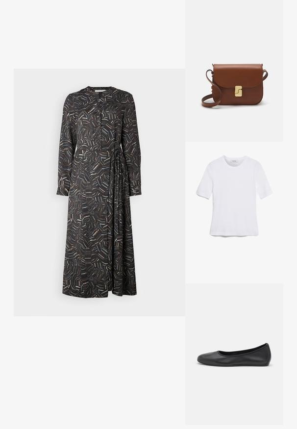 Dlouhá černá šaty s vícebarevným abstraktním vzorem, zapínání na knoflíky a bočním detailem na zavázání. Vyrobeno z hladké, lehké látky.; Bílá tričko s krátkým rukávem vyrobené z žebrované tkaniny. Kulatý výstřih, normální střih a jemné detaily šití. Bez vzorů nebo grafik.; Černé kožené baletní byty s kulatou špičkou, hladkou texturou, minimálními švy a flexibilním designem podrážky.; Hnědá kožená kabelka s klopou, zlatými kovovými detaily, ramenním popruhem a hladkým povrchem. Kompaktní obdélníkový tvar.