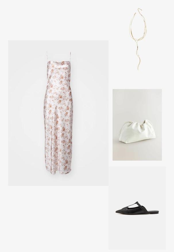 Satinblommig klänning med tunna axelband, en figurnära siluett och en mjuk rosa bakgrund med bruna blommönster. Golvlång design.; Svart läderslingback-sko med spetsig tå, med en vävd detalj och plisserad överdel. Platt sula med minimal hårdvara.; Vit fusk läderväska med en veckad design, dragsko-stängning och slät yta. Rundad form med mjuka veck och minimal hårdvara.; Guld flerdelad halsband med vågiga former; har en slät, reflekterande metalldekor och justerbar kedja för längdjustering.