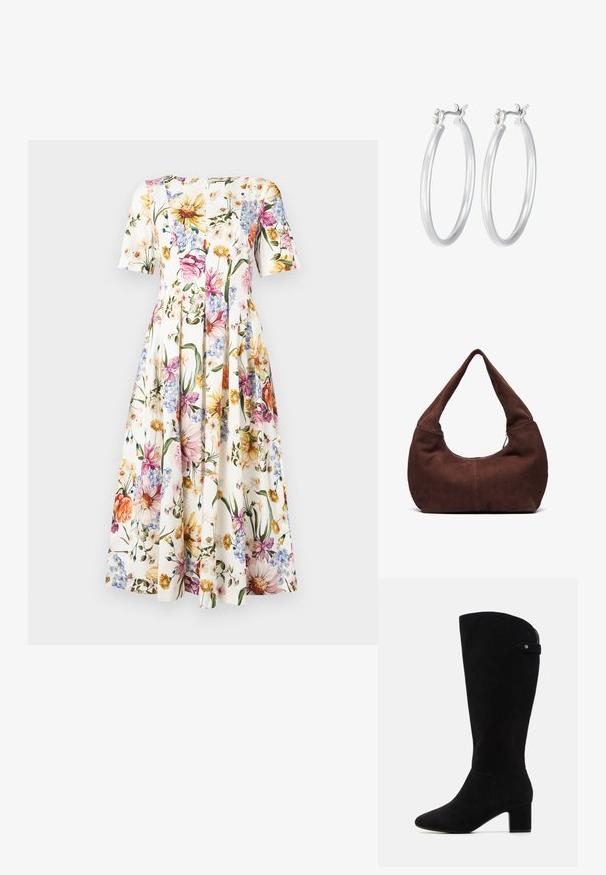 Vestido con un patrón floral y mangas cortas; presenta un fondo blanco con coloridas flores en tonos rosa, amarillo y azul; diseño de falda plisada.; Botas negras de ante hasta la rodilla con punta afilada y tacón cuadrado. Presentan una textura suave y un diseño sencillo, con un acento de correa lateral.; Bolso hobo de ante marrón con un asa curvada y ancha y una gran apertura. Textura suave con costuras visibles a lo largo de los bordes.; Pendientes de aro de plata con un acabado liso y pulido. Forma redonda y cierre de click seguro. Diseño ligero adecuado para el uso diario.
