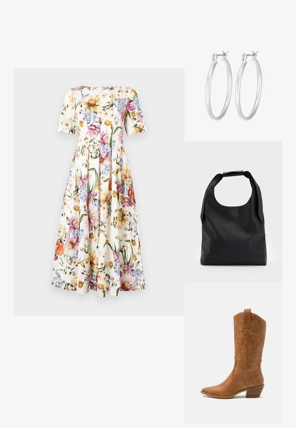 Haljina s cvjetnim uzorkom i kratkim rukavima; ima bijelu pozadinu s šarenim cvjetovima u ružičastoj, žutoj i plavoj boji; dizajn plisirane suknje.; Smeđe kožne kaubojke s oštrim nosom, izvezenim spiralnim uzorcima na gornjem dijelu i blok petom. Imaju potporu za lakše obuvanje.; Crna kožna hobo torba s jednim mekanim, zaobljenim ručkom; karakterizira je glatka tekstura i minimalistički dizajn. Nema vidljivih hardverskih detalja ili akcenata.; Srebrne kružne naušnice s glatkom, poliranom površinom. Okrugli oblik i sigurno kopčanje na klik. Lagani dizajn pogodan za svakodnevno nošenje.