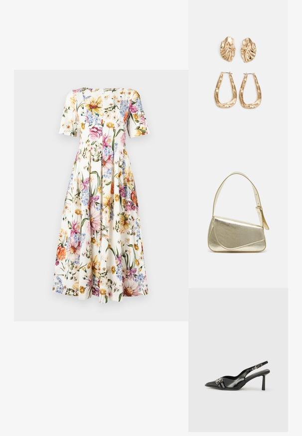 Blomster mønster kjole med korte ærmer; har en hvid baggrund med farverige blomster i pink, gul og blå; plisseret nederdel design.; Sorte patenterede læderslagback sko med spids tå, ankleremme med sølvspænder og hardware samt en slank hæl.; Guldmetallisk håndtaske med et struktureret design, glat tekstur og justerbar rem. Har en unik trekantet form og minimalistisk syning.; Guldtonede øreringe med teksturerede, bølgede former. Inkluderer skulpturelle clips og en åben ringdesign med en hamret finish.