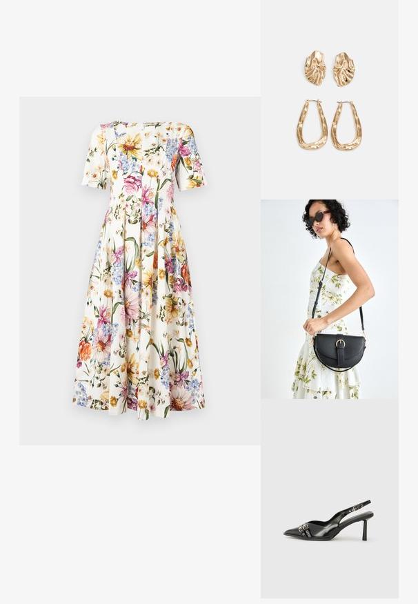 Blumendruckkleid mit kurzen Ärmeln; hat einen weißen Hintergrund mit bunten Blüten in Pink, Gelb und Blau; Faltenrockdesign.; Schwarzer Lackleder Slingback-Schuh mit spitzem Zehenbereich, Knöchelriemen mit silbernen Schnallen und Beschlägen sowie einem schlanken Absatz.; Schwarze Lederhandtasche mit geschwungener Form, abnehmbarem Tragegurt und goldenen Beschlägen. Die Tasche verfügt über einen Deckel mit einer Schnallen-Details.; Ohrringe in Goldoptik mit strukturierten, gewellten Formen. Beinhaltet skulpturale Clip-Ohrringe und ein offenes Hoop-Design mit gehämmertem Finish.
