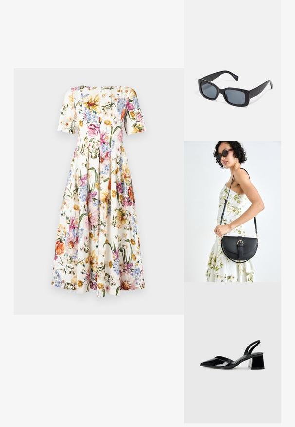 Lillelille mustriga kleit lühikeste varrukatega; valgel taustal on värvilised õitseed roosa, kollase ja sinise värviga; volangidega seelik.; Mustad musta lakknahk kingad, millel on terav varvas ja geomeetriline plokkkonts. Omab elegantselt minimalistlikku disaini ja sujuvat tekstuuri.; Mustad mustad prillid tumedate läätsedega, paks plastikraam ja laiad templid. Sile pind ja nurgeline disain.; Mustmust mustraha kõverate joontega, eemaldatava rihmaga ja kuldsete detailidega. Kotil on klapp, millel on pandladetail.