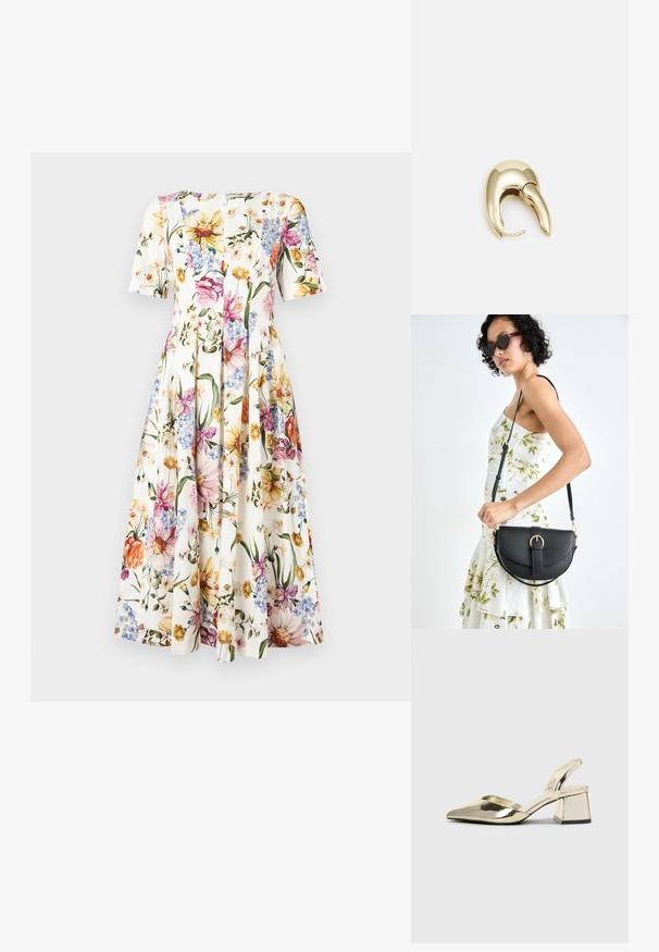 Sukienka w kwiatowy wzór z krótkimi rękawami; charakteryzuje się białym tłem z kolorowymi kwiatami w odcieniach różu, żółci i niebieskiego; zaprojektowana z plisowanym dołem.; Złote, metaliczne szpilki z boku z wydłużonym noskiem i grubym obcasem. Gładka faktura, minimalistyczny design i wąski pasek.; Czarna skórzana torebka o zakrzywionym kształcie, z odpinanym paskiem i złotymi akcentami. Torebka posiada klapę z zapięciem w kształcie klamry.; Złote metalowe kolczyki o eleganckim, zakrzywionym kształcie. Posiadają charakterystyczny szpiczasty kształt, polerowaną powierzchnię oraz zapięcie na zawias.