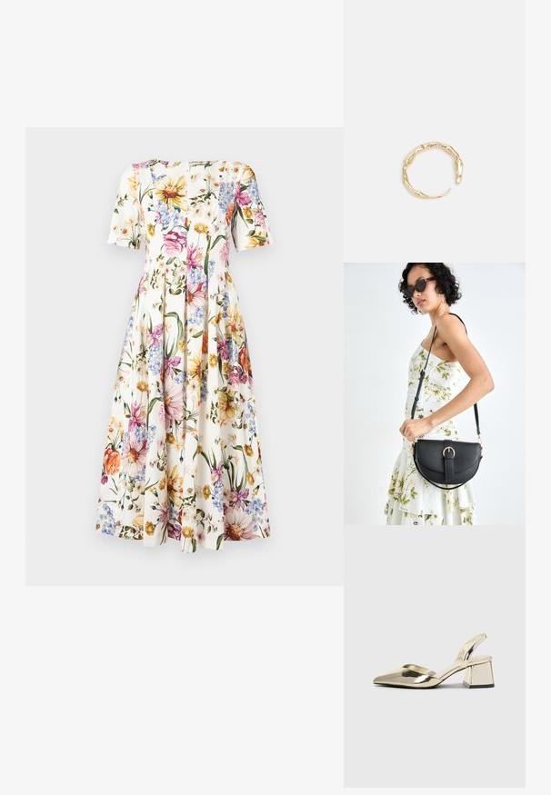 Blumendruckkleid mit kurzen Ärmeln; hat einen weißen Hintergrund mit bunten Blüten in Pink, Gelb und Blau; Faltenrockdesign.; Goldene, metallische Slingback-Absätze mit spitzem Zeh und dicker Ferse. Glatte Textur, minimalistisches Design und ein schmaler Riemen.; Schwarze Lederhandtasche mit geschwungener Form, abnehmbarem Tragegurt und goldenen Beschlägen. Die Tasche verfügt über einen Deckel mit einer Schnallen-Details.; Goldfarbener Ring mit einem organischen, gedrehten Design, glatter Oberfläche und sich verjüngenden Enden, was ein modernes, skulpturales Erscheinungsbild erzeugt.