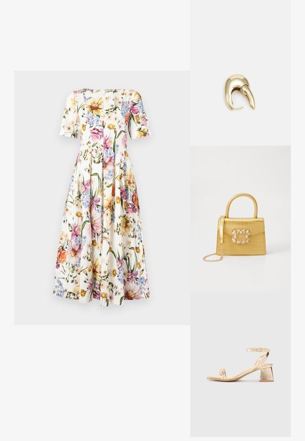 Ziedu raksta kleita ar īsām piedurknēm; ar baltu fona un krāsainiem ziediem rozā, dzeltenā un zilā krāsā; plisēta svārku dizains.; Zeltīta metāla augstpapēžu sandale ar stūrveida bloka papēdi, divām siksniņām virs kājas un regulējamu potītes siksniņu. Gluda tekstūra.; Dzeltena mākslīgā krokodila roku soma ar strukturētu dizainu, augšējo rokturi, noņemamu ķēdes siksniņu un dekoratīvām kristāla rotājumiem aizdares daļā.; Zeltīti metāla auskari ar gludu, izliekta dizaina. Ar atšķirīgu smailu formu, pulētu virsmu un eņģu aizdari.