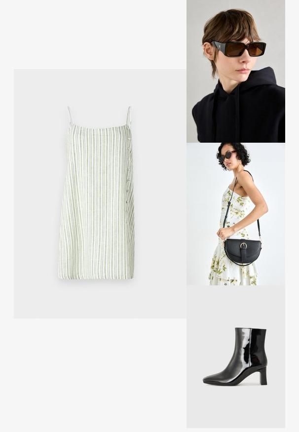 Robe sans manches à rayures blanche et verte, présentant une coupe droite, une texture semblable au lin et des détails de boutons sur le côté.; Bottines en cuir verni noir avec un bout pointu et un talon block de hauteur moyenne. Texture lisse et design minimaliste.; Lunettes de soleil noires surdimensionnées avec une finition brillante, forme rectangulaire, verres teintés marron, et détail logo doré sur les branches.; Sac à main en cuir noir avec une forme courbée, bandoulière amovible et des accessoires en or. Le sac est doté d'un rabat avec un détail de boucle.