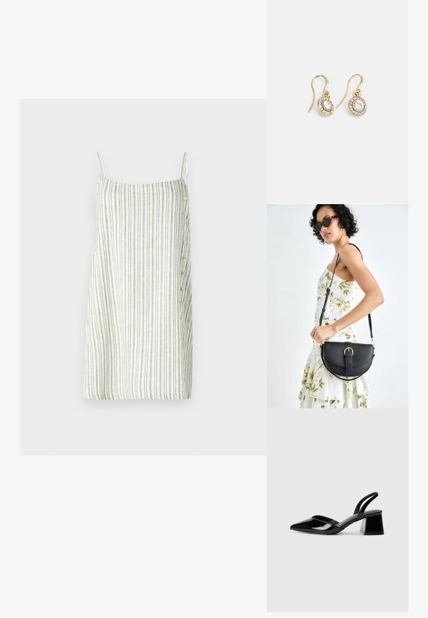 Robe sans manches à rayures blanche et verte, présentant une coupe droite, une texture semblable au lin et des détails de boutons sur le côté.; Escarpins en cuir verni noir avec bout pointu et talon bloc géométrique. Présente un design élégant et minimaliste ainsi qu'une texture lisse.; Sac à main en cuir noir avec une forme courbée, bandoulière amovible et des accessoires en or. Le sac est doté d'un rabat avec un détail de boucle.; Boucles d'oreilles en ton or avec des cristaux transparents en forme d'ovale entourés de plus petits cristaux transparents, dotées d'un design à crochet pour un port sécurisé.