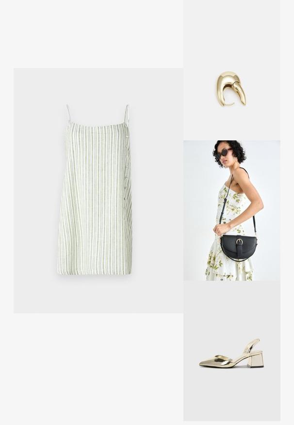 Gestreepte mouwloze jurk in wit en groen, met een rechte snit, linnenachtige textuur en knoopdetails aan de zijkant.; Gouden, metalen slingback hakken met een spitse neus en een chunky hak. Glad oppervlak, minimalistisch ontwerp en een smalle band.; Zwarte leren handtas met een gebogen vorm, afneembare schouderband en gouden hardware. De tas heeft een klep met een gespsluiting.; Gouden metalen oorbel met een slank, gebogen ontwerp. Beschikt over een kenmerkende puntige vorm, gepolijste oppervlakte en scharnier sluiting.