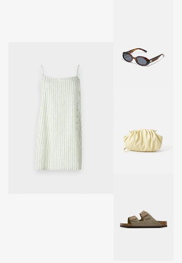 Striped sleeveless dress in white and green, featuring a straight cut, linen-like texture, and button detailing on the side.; Light taupe suede sandal with two adjustable straps and rose gold hardware. Cork footbed on a textured brown sole. Open-toe design.; Brown tortoiseshell sunglasses with oval lenses and dark grey tint. Features a gold-tone accent on the temples. Smooth plastic texture.; Yellow pleated handbag made of smooth faux leather, featuring a soft shape with a single shoulder strap and gathered top design.
